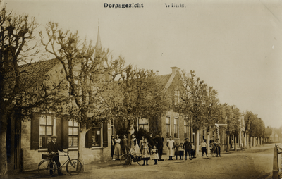 15303 Gezicht in de Dorpsstraat met bebouwing en leilinden te Wilnis uit het oosten; met een grote groep personen. N.B. ...